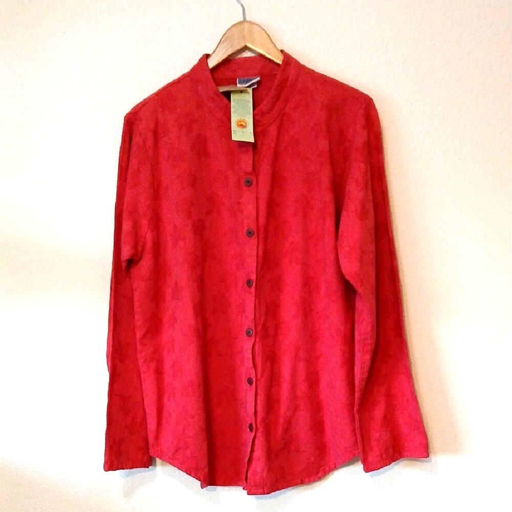 Eucalyptus Red Leaf Print Button Up Long Sleeve Shirt